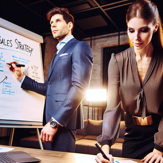 Sales Strategy, young succesful man and woman working on a strategy presentation people should be white