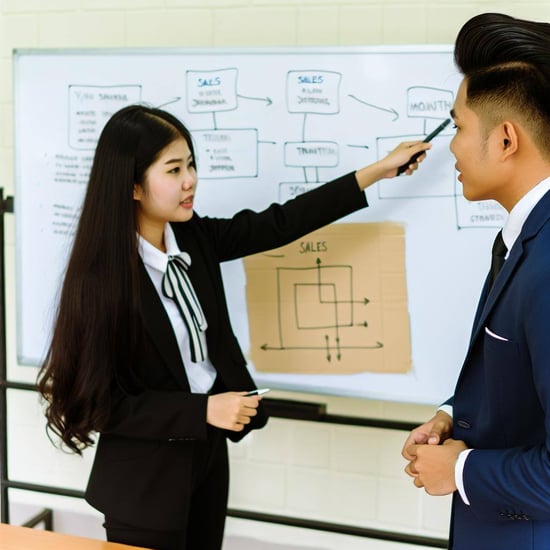 young asian woman and indian man doing sales training in a classroom